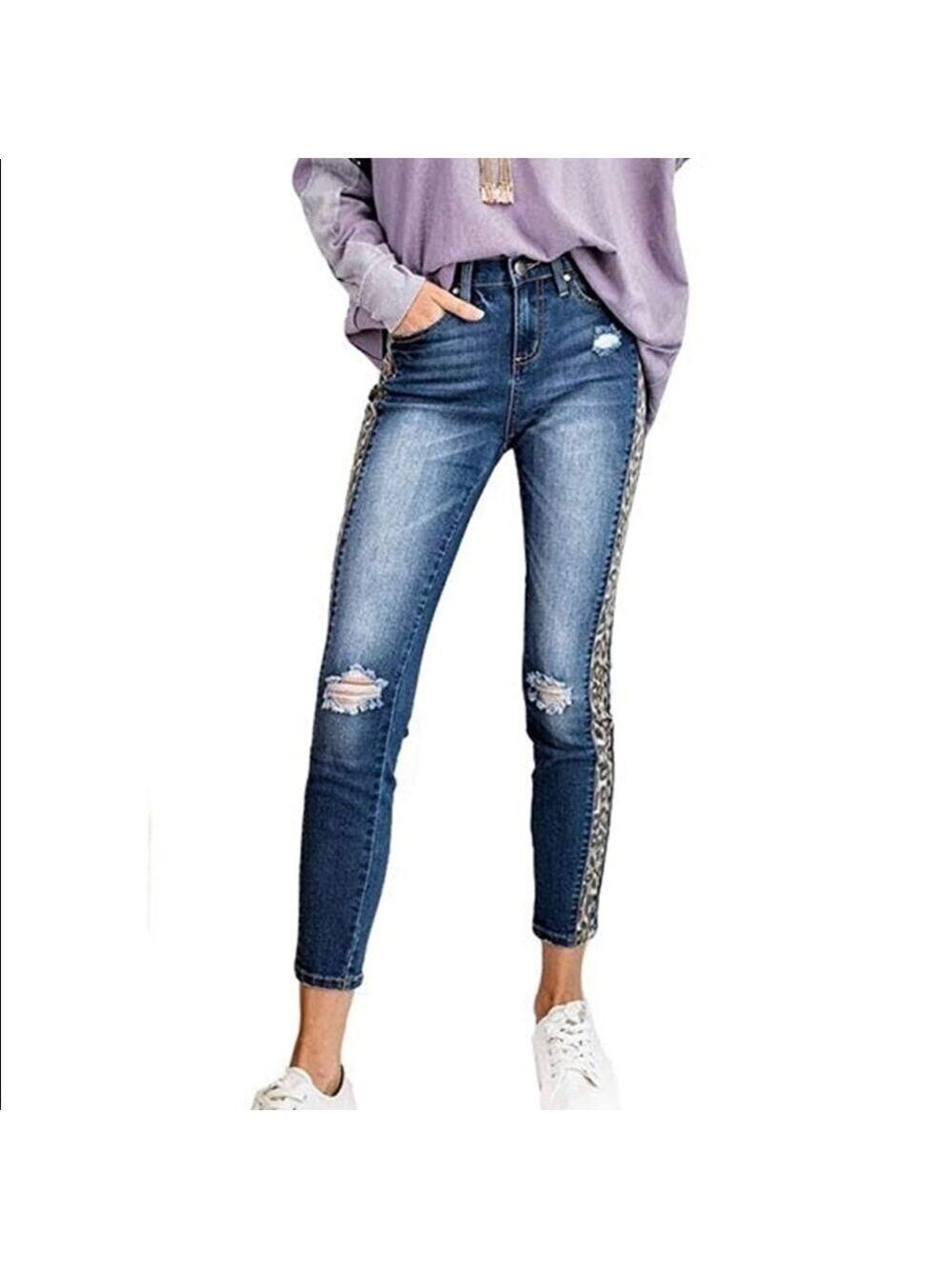 Easel Denim Blue Jeans With Leopard Print Side Detailing Size S NWT
